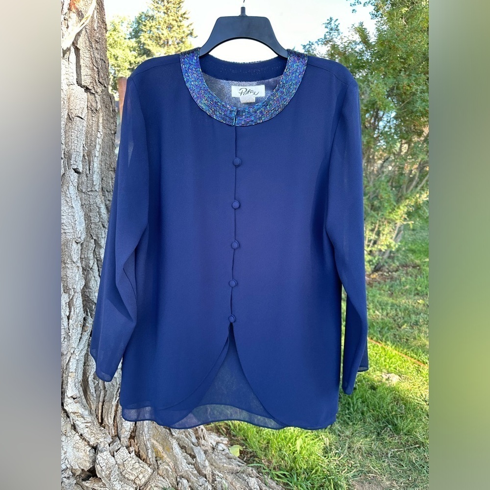 Patra Beaded Navy Blue Chiffon Formal Suit Jacket Womens Size 12 Mother of Bride